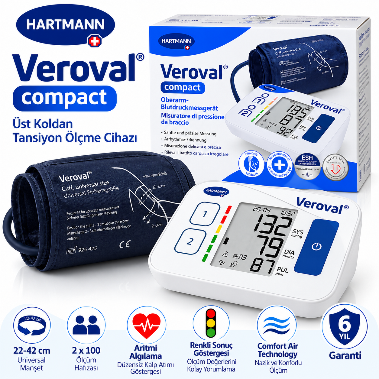 compact aritmi Hartmann Veroval Compact Üst Koldan Tansiyon Aleti – 22-42 cm Manşet - Görsel 1