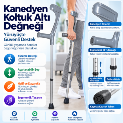 Tur-Med ORT-A1003 Koltuk Altı Değneği – Ayarlanabilir Yürüme Desteği